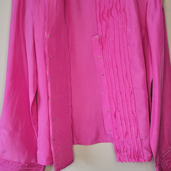 J Jill Sz PL Pink 100% Silk Pintucked Pleated Ruffles Blouse Top V Neck - Picture 6 of 12
